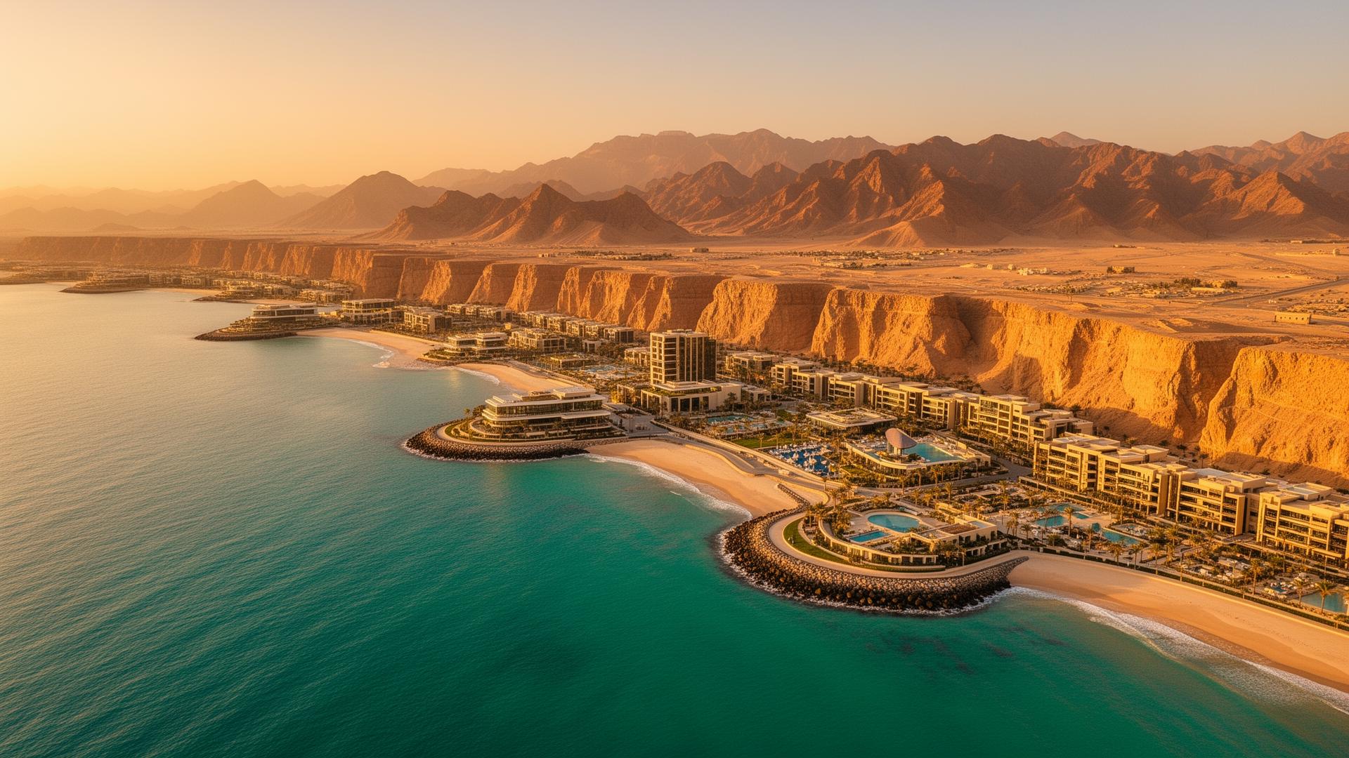 Aerial view of Muscat coastline with turquoise sea, sandy beaches and dramatic desert mountains at sunset